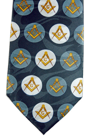 D0037 Polyester Necktie Black with Square & Compass in Gray/White circles