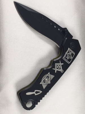D9129 Knife Masonic Folder 8" open Black Silver with Symbols KN-1766-S
