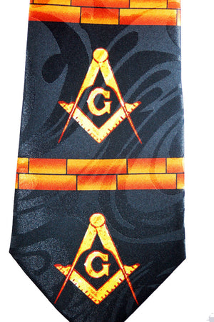 D0034 Polyester Necktie Black Brickwall with Gold Square & Compass