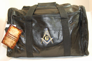 D374 Masonic Bag Barrel Style Duffle Black Leather with S&C