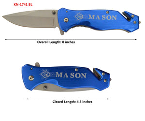 D9126 Knife Masonic Folder 8" open Blue Silver KN-1741-BL