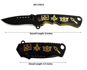 D9127 Knife Masonic Folder 8" open Black Gold with Symbols KN-1766-G