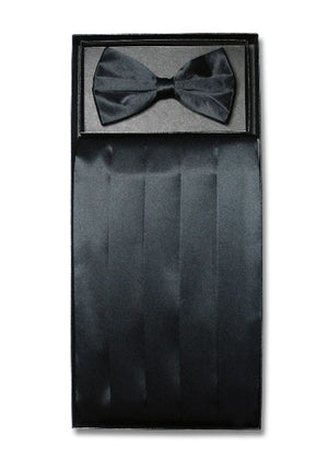D7006 Cummerbund Bow Tie Combo Set Black Satin