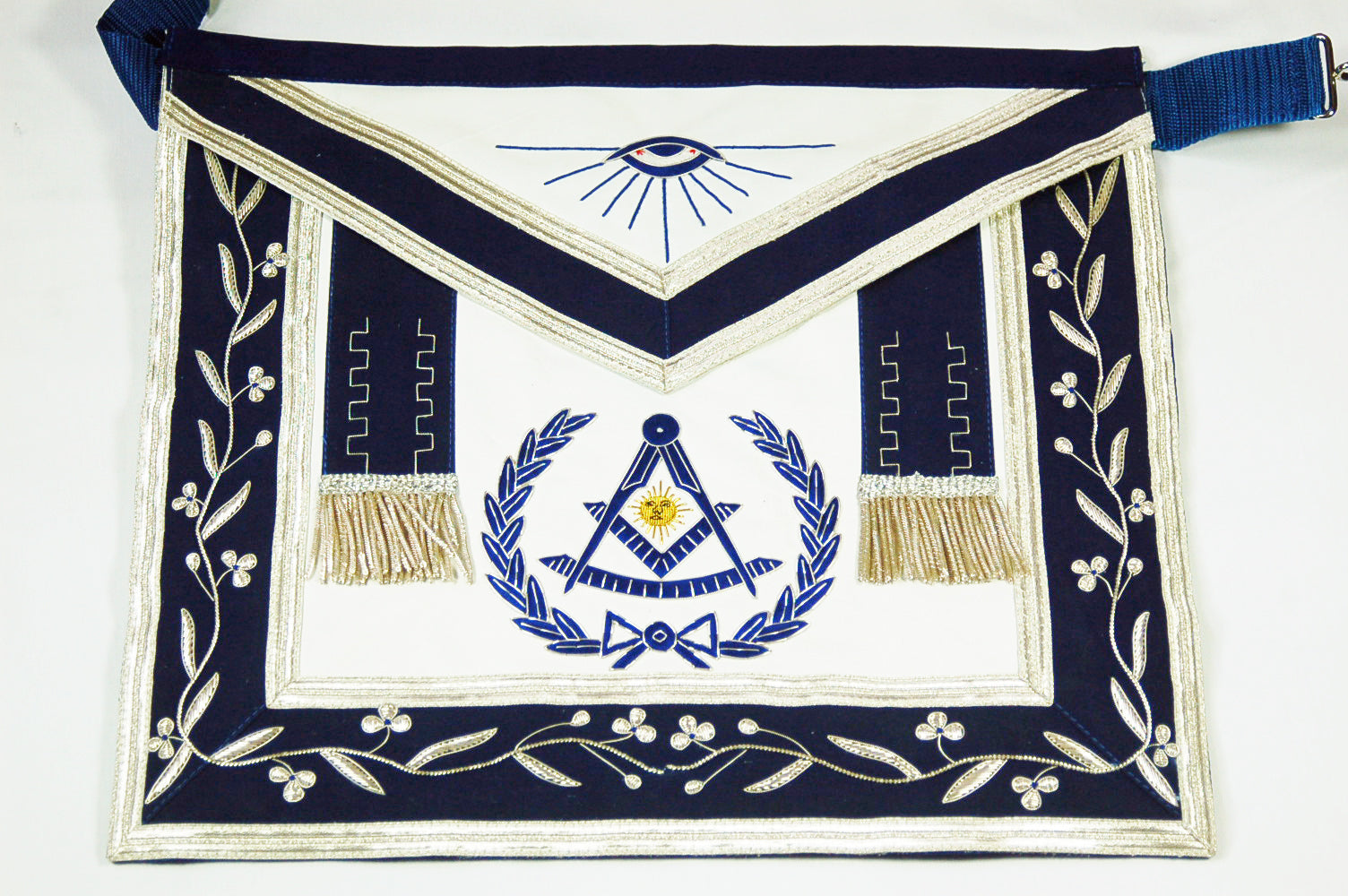 Past Master Blue Lodge Apron – Blue Velvet With Gold Hand Embroidery Masonic Bullion Apron With Adjustable Waist Belt Past Master Blue Lodge Apron – Blue Velvet With Gold Hand Embroidery Masonic Bullion Apron With Adjustable Waist Belt