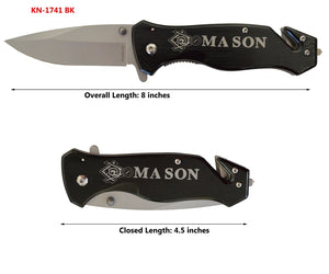 D9125 Knife Masonic Folder 8" open Black Silver KN-1741-BK