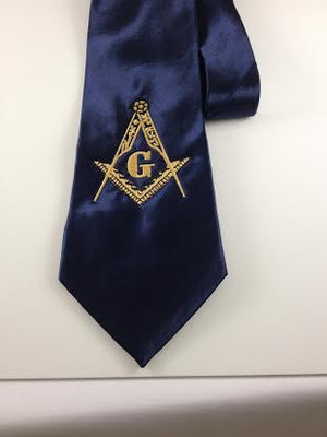 D0166 Tie Masonic Navy Blue Satin w/ Embroidered Square & Compass