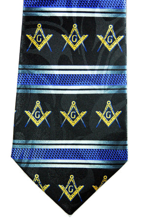 D0028 Polyester Black Square & Compass Tie with Blue Stripes
